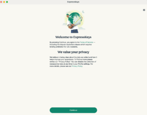 ExpressKeys for macOS welcome screen with the Continue button.