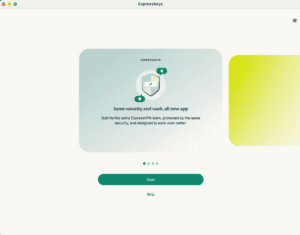 ExpressKeys onboarding screen describing the new app, with Next and Skip options.