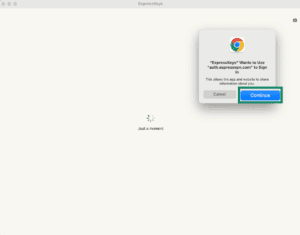 macOS sign-in prompt for ExpressKeys with the Continue button highlighted.