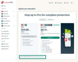 The "View 12-month plans" option at the bottom of the Upgrade your subscription page in the ExpressVPN+ portal.
