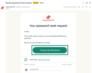 Email from ExpressVPN showing the "Change My Password" button highlighted.