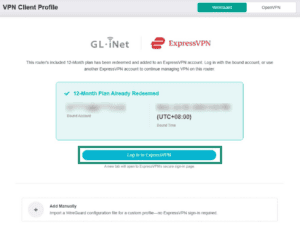 Fortify VPN Client Profile showing the 12-month plan has already been redeemed, with Log in to ExpressVPN highlighted.