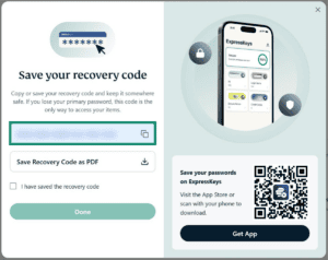 A screenshot of the ExpressAI recovery code on desktop. An arrow points to the Copy icon next to a censored out recovery code.