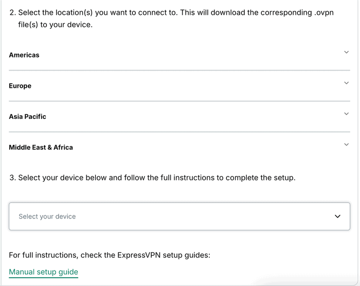 The available regions for manual configurations in ExpressVPN+.
