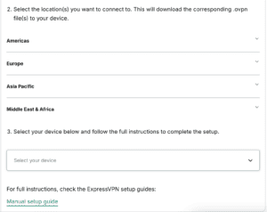 The available regions for manual configurations in ExpressVPN+.