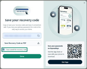 Screenshot of the ExpressAI recovery code screen on desktop. An arrow points to the checkbox (currently unchecked) users need to check to say they've saved their recovery code.