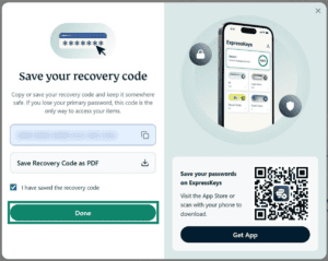 An arrow points to the Done button on the ExpressAI recovery code screen on desktop.