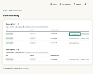 The Payment history tab in the ExpressVPN+ portal, with a highlighted "Download invoice" option.