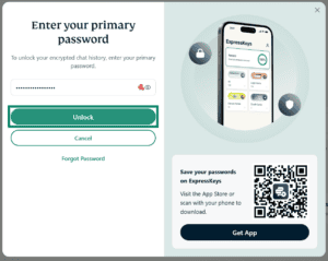 A screenshot of ExpressAI's primary password input screen on a desktop browser. The primary password field in blank and an arrow points to the green Unlock button.