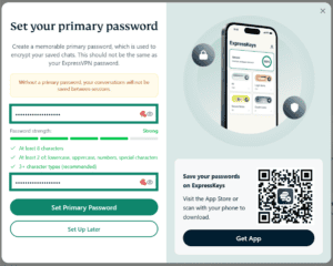 Screenshot of the primary password setup screen on ExpressAI in a desktop browser. Arrows point to the Enter Password and Re-enter Password fields.