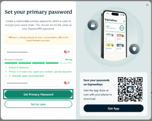 Screenshot of the primary password setup screen for ExpressAI on a desktop browser. An arrow points of the green Set Priamry Password button 