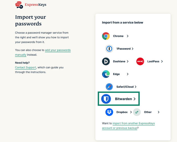 Import von Bitwarden zu ExpressKeys.