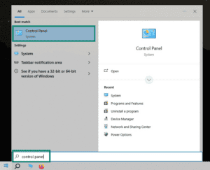 Windows 10 search bar showing "control panel" typed in, with the Control Panel best match highlighted inside a teal box.