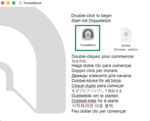 Tunnelblick installer window on macOS showing the Tunnelblick app icon.