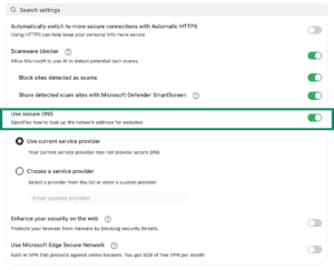 The "Use secure DNS" option in Microsoft Edge.