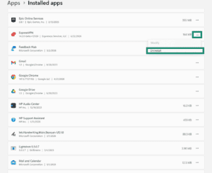Windows 11 Installed apps menu, highlighting the option to uninstall an app
