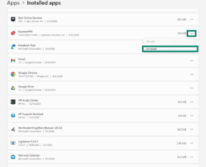 Windows 11 Installed apps menu, highlighting the option to uninstall an app