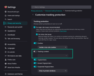 Firefox "Customize tracking protection" sub-menu displaying individual toggles, with the "Tracking content" toggle switch highlighted inside a green box.
