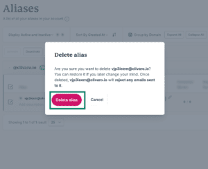 The Delete alias dialog box on ExpressMailGuard.