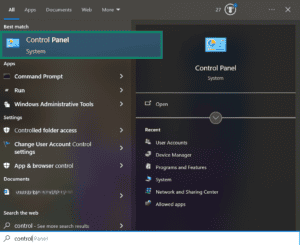 The Control Panel app in search results on Windows.
