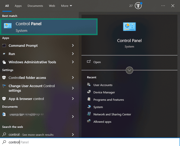 The Control Panel app in search results on Windows.