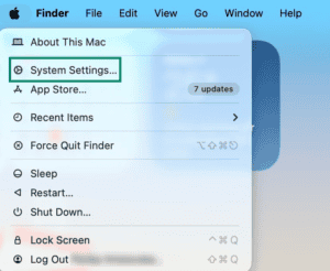 Mac interface, showing the Apple menu and a highlighted "System Settings..." menu item.