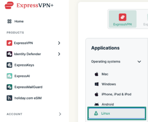 ExpressVPN setup page with Linux highlighted.
