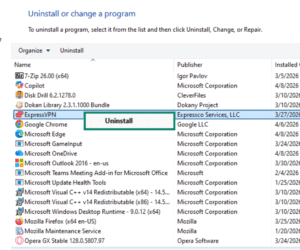 Windows 10 Programs and features menu, highlighting ExpressVPN and the Uninstall button