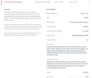 Identity Defender showing a dark web monitoring alert.
