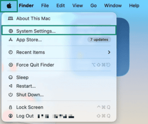 Apple's main menu, with a highlighted System Settings option.