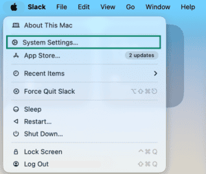 MacOS's menu, showing the System Settings option.