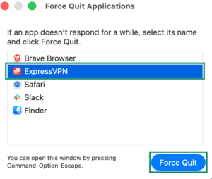 The Force Quit Applications pop-up, with a highlighted ExpressVPN app and a "Force Quit" button.