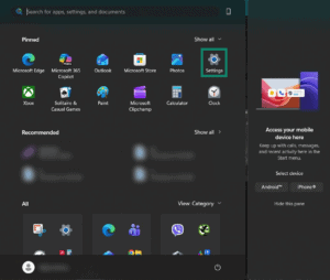 Start menu on Windows 11. The "Settings" option is highlighted.