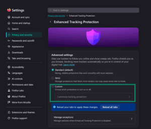 Firefox Enhanced Tracking Protection settings page showing "Custom" and its "Customize tracking protection" button enclosed in a green box.