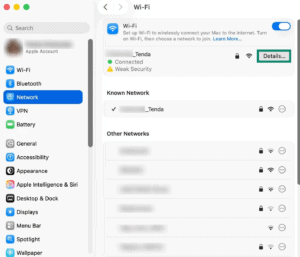 Wi-Fi connection page on a Mac, showing a highlighted "Details..." button.