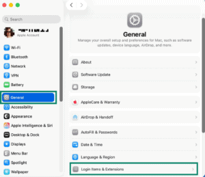 The "General" settings on macOS, showing the "Login Items & Extensions" option.