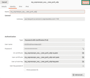 OpenVPN configuration settings for ExpressVPN in Ubuntu.