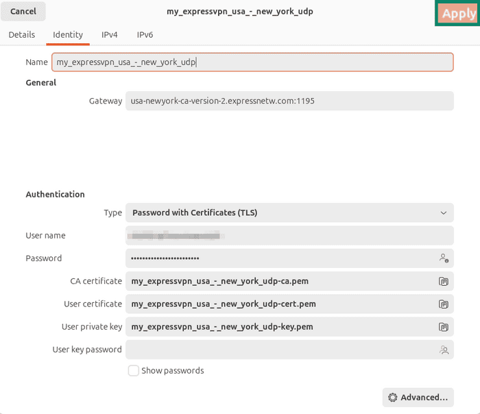 OpenVPN configuration settings for ExpressVPN in Ubuntu.