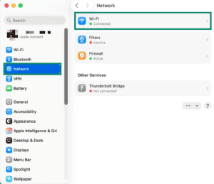 macOS Netwok settings, with a highlighted Wi-Fi option.