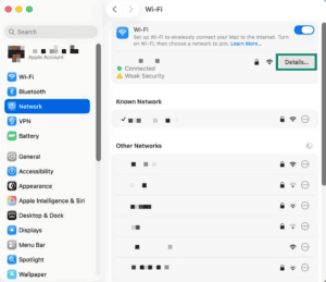 macOS network settings, showing the currently active connection, with a highlighted "Details" button next to it.