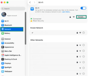 The Network tab in macOS settings, showing the "Details" button highlighted.