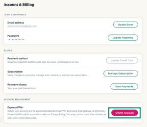 The "Delete Account" button highlighted in the Account & Billing page in the ExpressVPN+ portal.