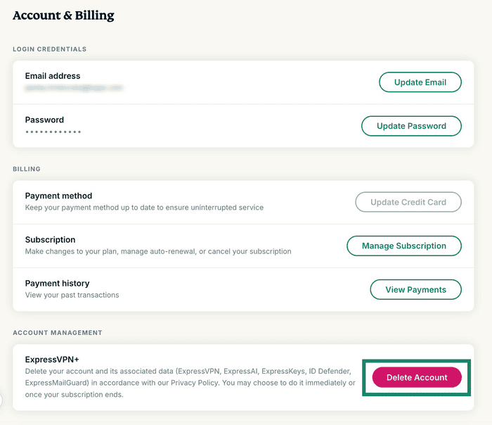 The "Delete Account" button highlighted in the Account & Billing page in the ExpressVPN+ portal.