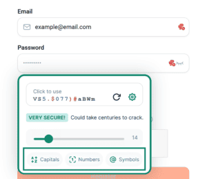 ExpressKeys password generator popup with the character type toggle buttons highlighted in a green box.