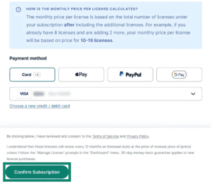 Order summary page for purchasing additional ExpressVPN for Teams licenses. The "Confirm Subscription" button is highlighted.