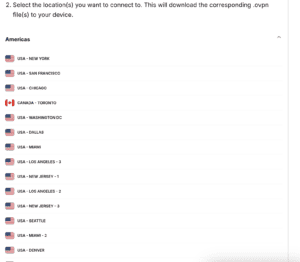 The Americas dropdown with a list of server locations in the ExpressVPN+ portal.
