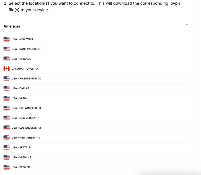 The Americas section in the available regions in the ExpressVPN+ portal, showing a list of available locations from that region.