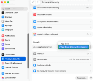 System Settings page on a Mac, showing the Privacy & Security tab. The "App Store & Known Developers" dropdown menu option is highlighted.