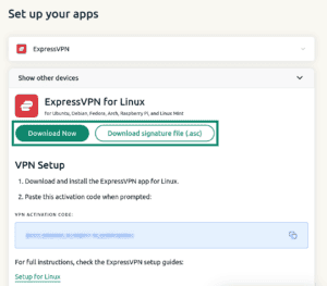 ExpressVPN device setup screen showing the "Download Now" and "Download signature file (.asc)" options highlighted.