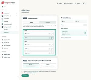 eSIM Store tab in the ExpressVPN + dashboard. The list of eSIM bundle plans is highlighted.
